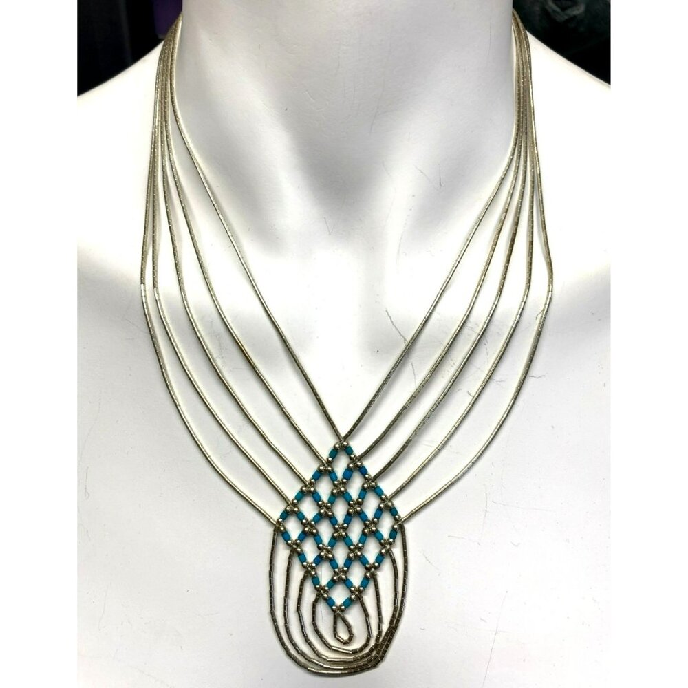 Native American Liquid Silver Woven Turquoise Beaded Necklace 18" Vintage 17.4g - Picture 2 of 9